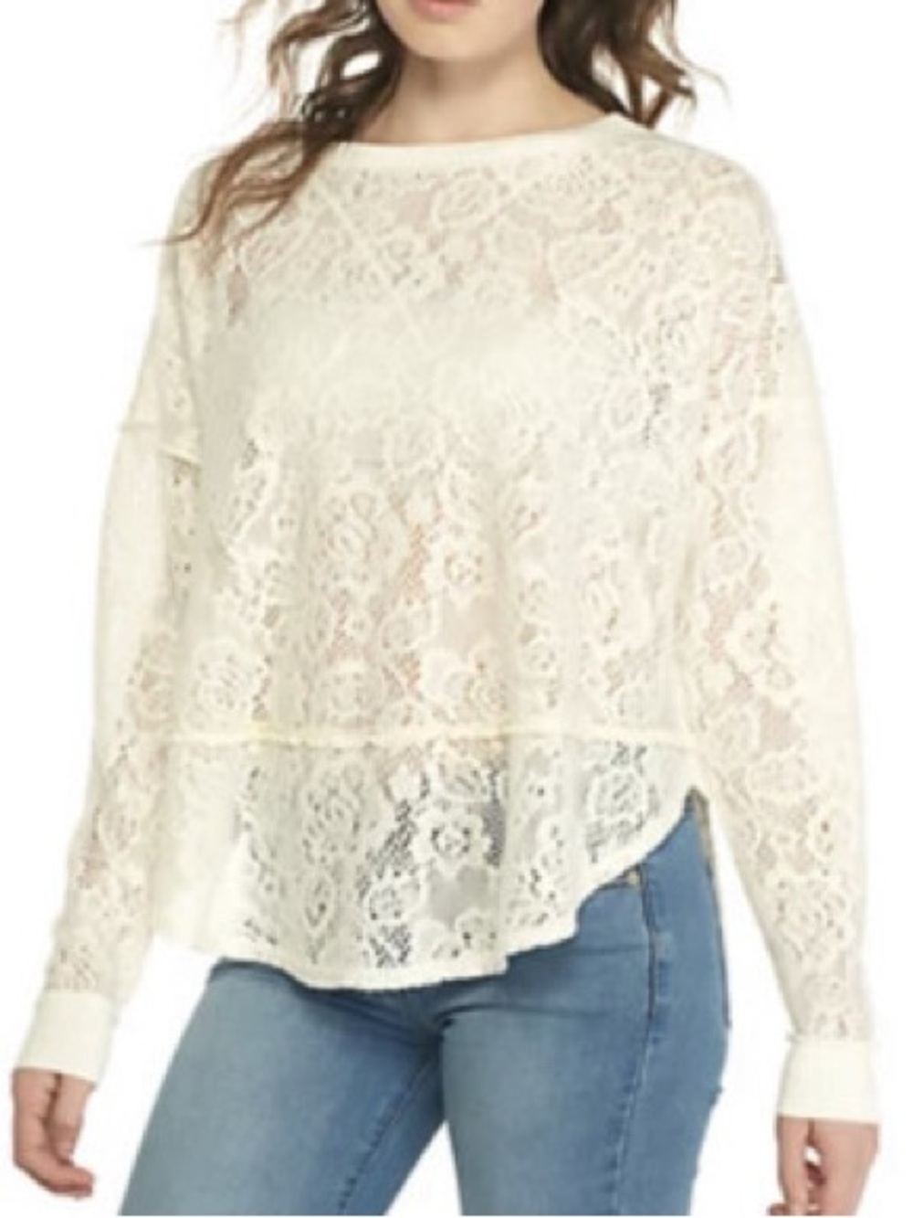 FREE PEOPLE Not Cold In This Knit Lace Sweater/Top Ivory Medium M/L
